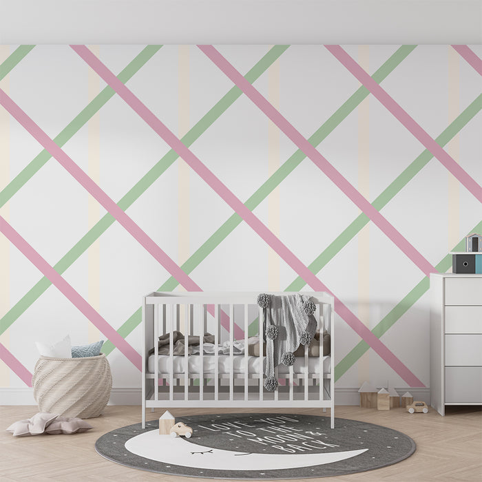 Papier peint chambre bébé | Motif de losanges pastel en rose et vert