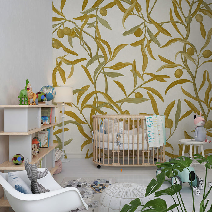 Behang babykamer | Fijn olijfbomenmotief op crèmekleurige achtergrond