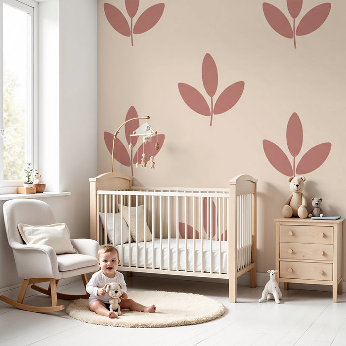 Nursery room wallpaper | Delicate terracotta leaf motif on cream background