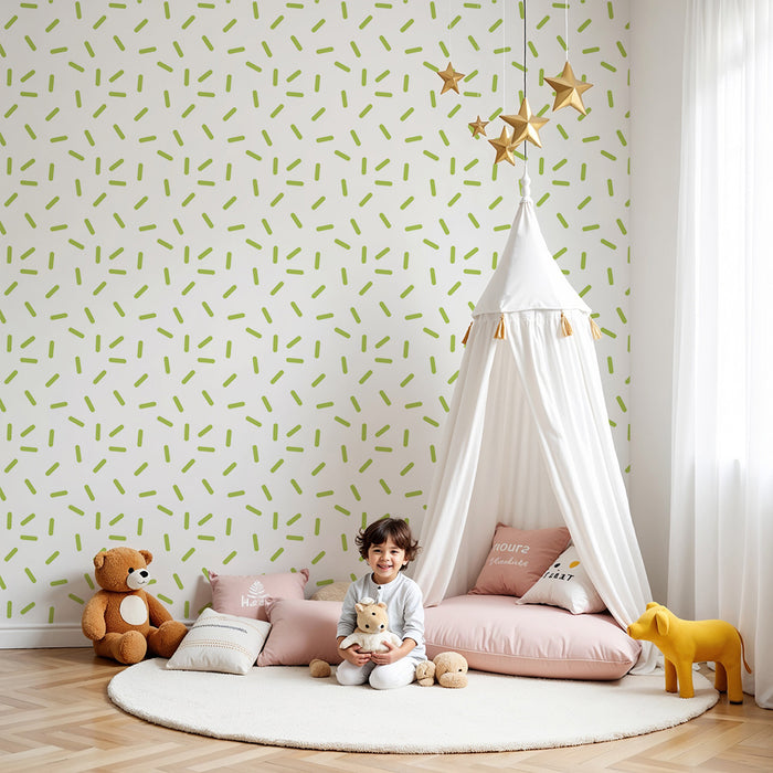 Papel de parede para quarto de bebé | Padrão delicado de riscas verdes sobre fundo branco