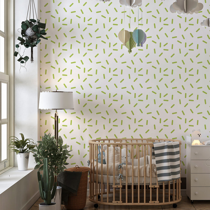 Papel de parede para quarto de bebé | Padrão delicado de riscas verdes sobre fundo branco