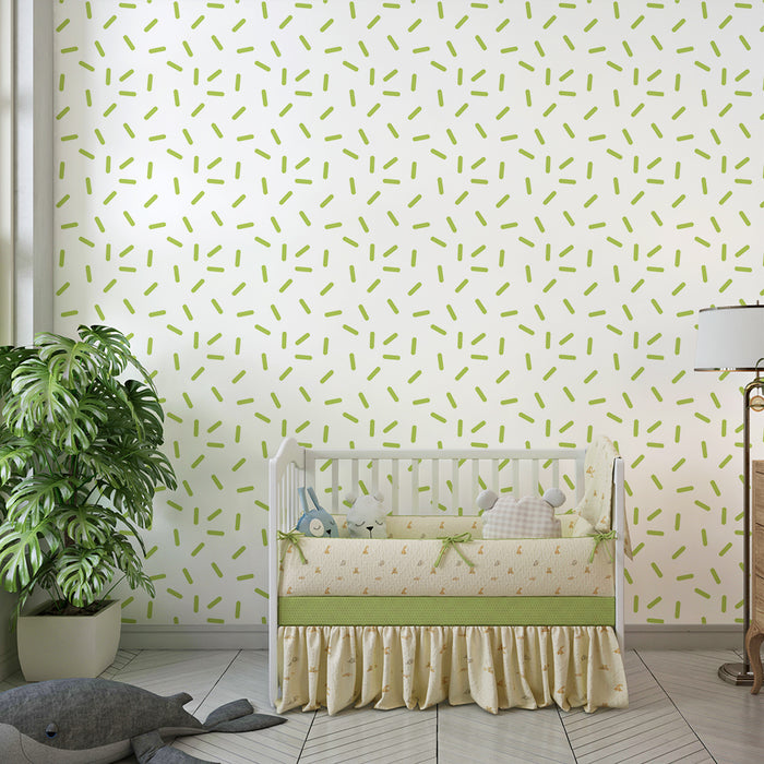 Papel de parede para quarto de bebé | Padrão delicado de riscas verdes sobre fundo branco