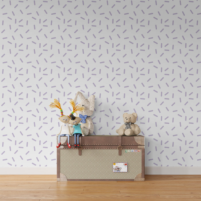 Papel de parede quarto bebê | Delicado padrão de linhas violeta em fundo branco