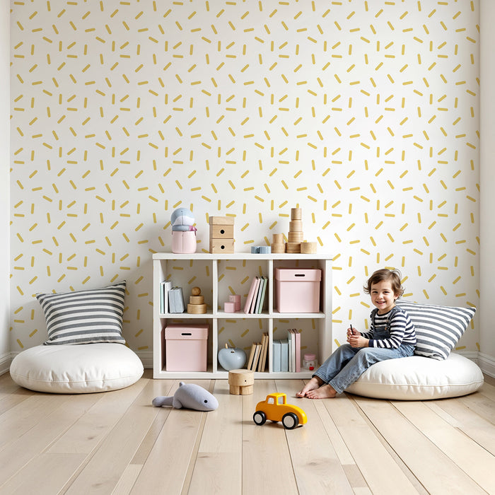 Papel de parede para quarto de bebé | Padrão delicado de riscas amarelas sobre fundo branco
