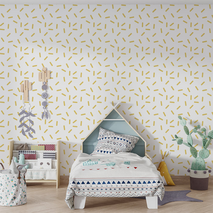 Papel de parede para quarto de bebé | Padrão delicado de riscas amarelas sobre fundo branco