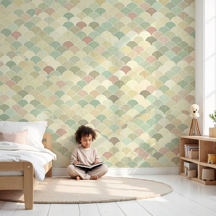 Papel pintado para habitación infantil | Diseño escamas en tonos pastel suaves