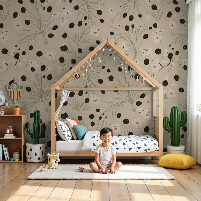 Baby nursery wallpaper | Delicate floral pattern with white flowers and black accents