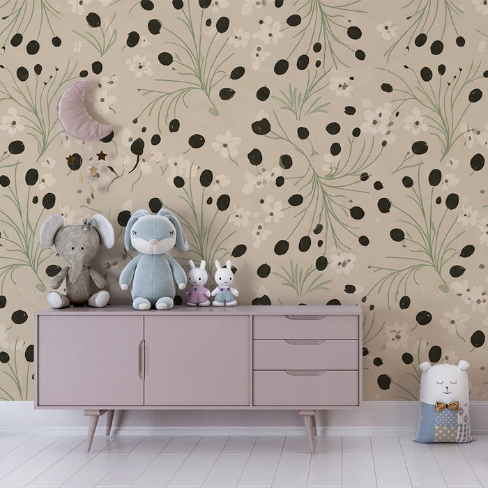 Baby nursery wallpaper | Delicate floral pattern with white flowers and black accents