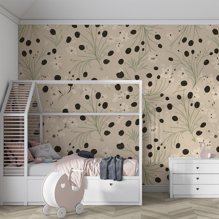 Baby nursery wallpaper | Delicate floral pattern with white flowers and black accents