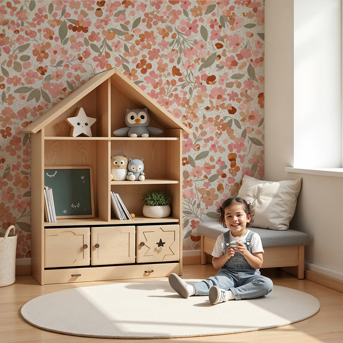 Χαρτί τοίχου για το δωμάτιο του μωρού | Απαλό λουλουδάτο μοτίβο σε ροζ και χρυσό