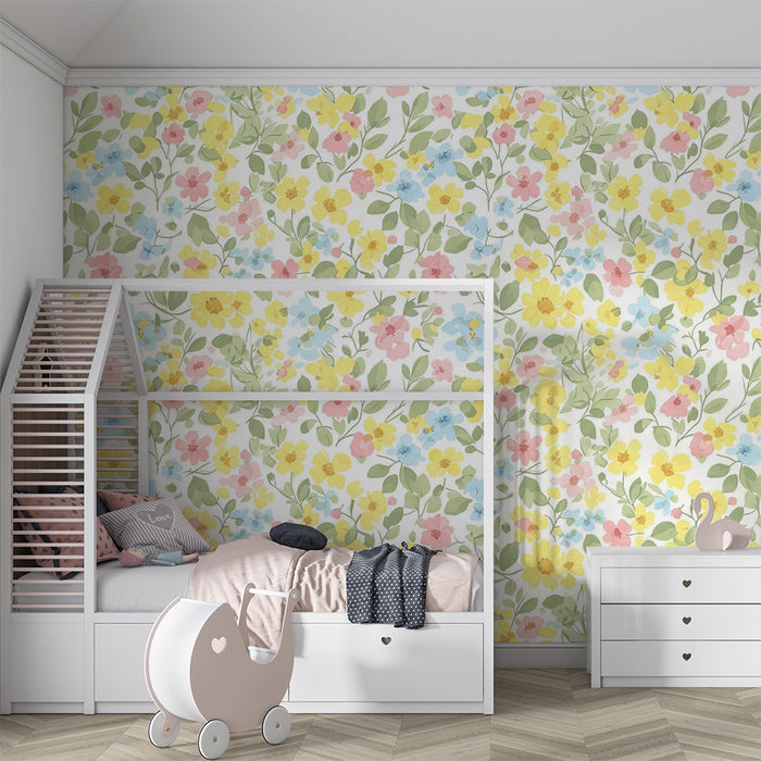Barntapet | Pastellblommigt mönster med färgglada blommor