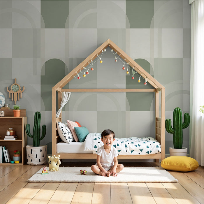 Behang babykamer | Geometrisch patroon met bogen en zachte tinten