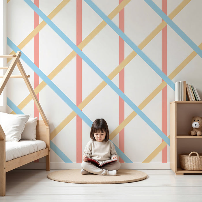 Papier peint chambre bébé | Motif géométrique coloré avec lignes croisées
