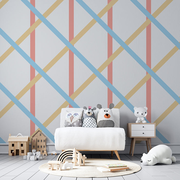 Papier peint chambre bébé | Motif géométrique coloré avec lignes croisées