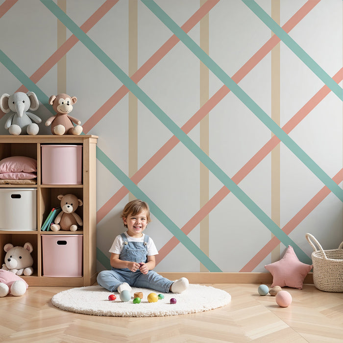 Papier peint chambre bébé | Motif géométrique doux en rose et vert menthe