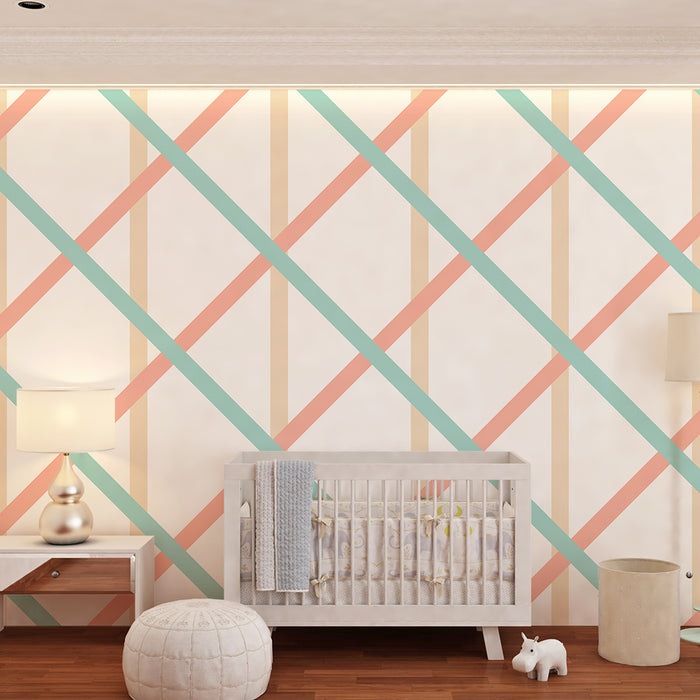 Papier peint chambre bébé | Motif géométrique doux en rose et vert menthe