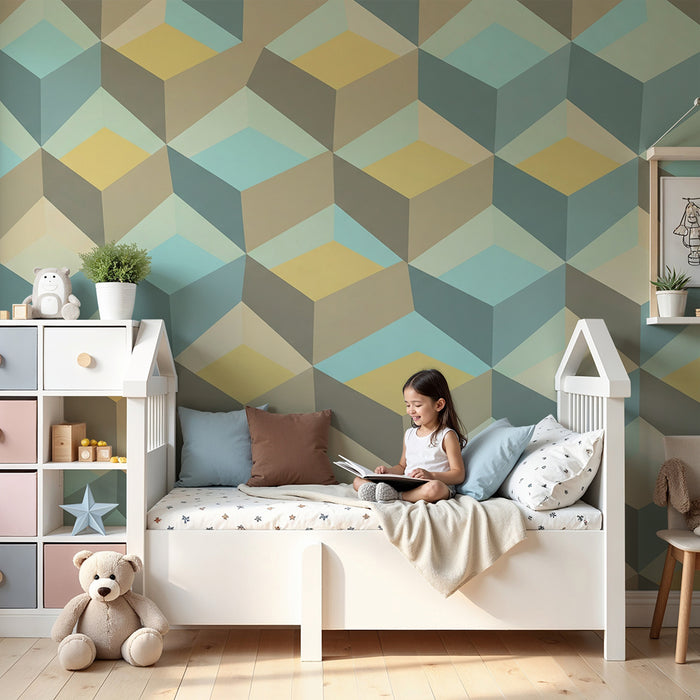 Papel pintado infantil | Motivo geométrico en cubos pastel
