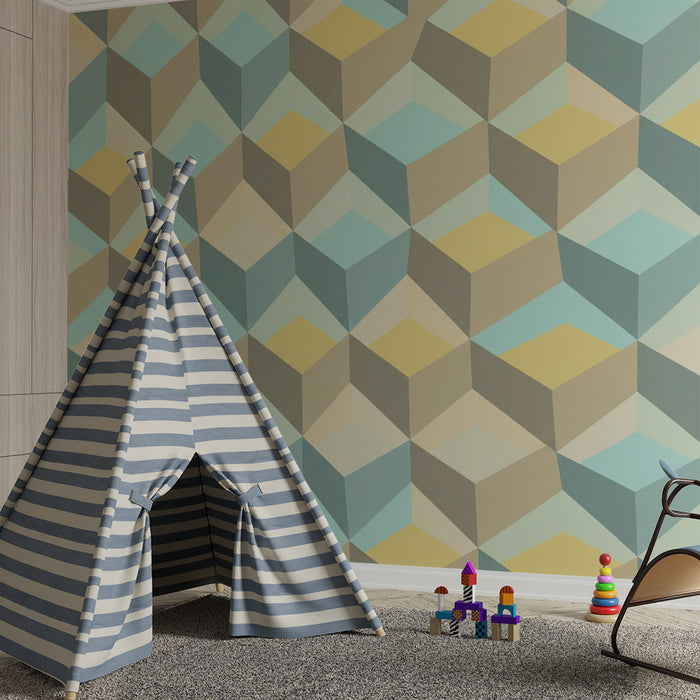 Papel pintado infantil | Motivo geométrico en cubos pastel