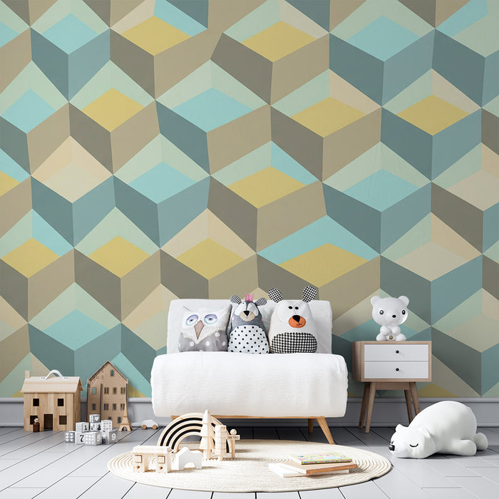 Papel pintado infantil | Motivo geométrico en cubos pastel