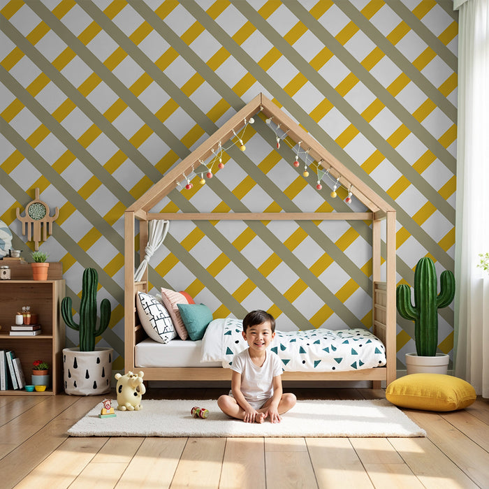 Baby room wallpaper | Diagonal geometric pattern with touches of yellow and beige