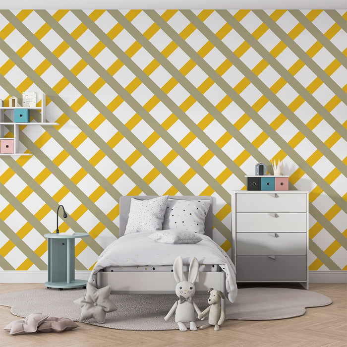 Baby room wallpaper | Diagonal geometric pattern with touches of yellow and beige