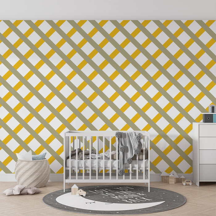 Baby room wallpaper | Diagonal geometric pattern with touches of yellow and beige