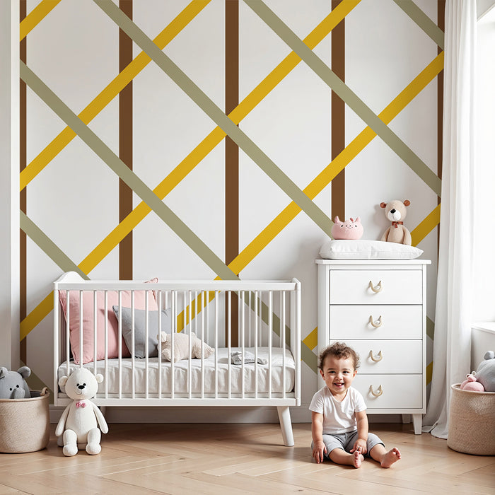 Papier peint chambre bébé | Motif géométrique en lignes dorées et brunes