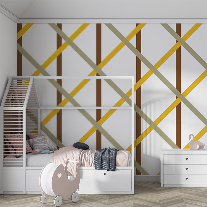 Papier peint chambre bébé | Motif géométrique en lignes dorées et brunes
