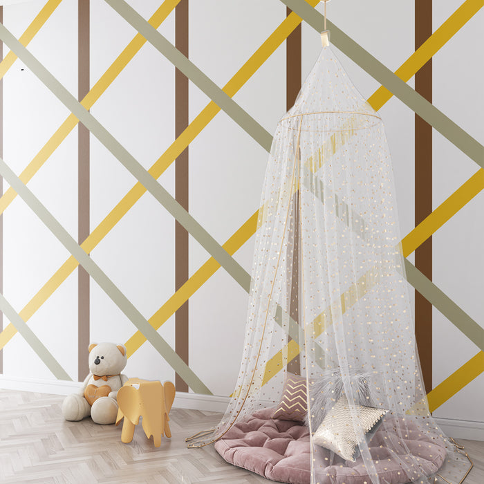 Papier peint chambre bébé | Motif géométrique en lignes dorées et brunes