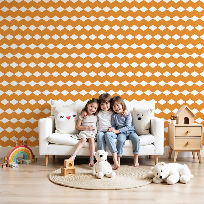 Baby's room wallpaper | Orange and white diamond geometric pattern