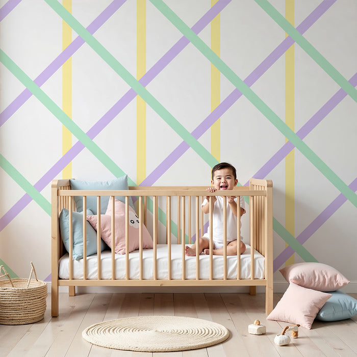 Papier peint chambre bébé | Motif géométrique pastel avec lignes croisées