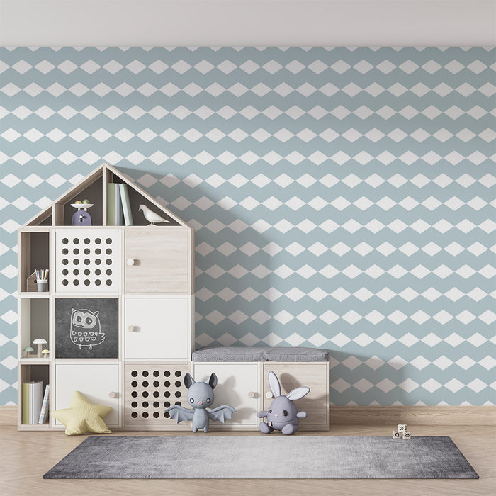 Papel de parede para quarto de bebé | Padrão suave de losangos em azul e branco