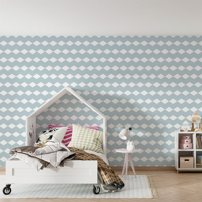 Papel de parede para quarto de bebé | Padrão suave de losangos em azul e branco