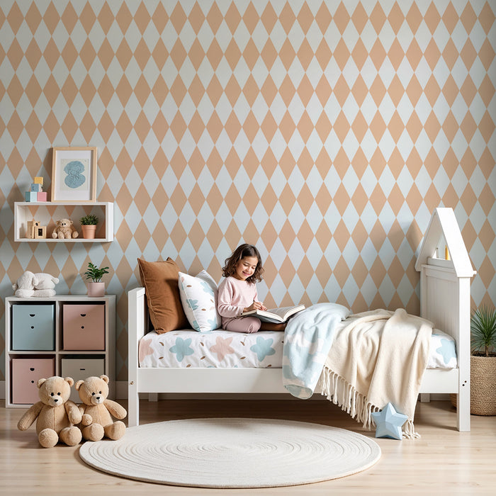 Babykamer behang | Zachte perzik en witte ruitmotief