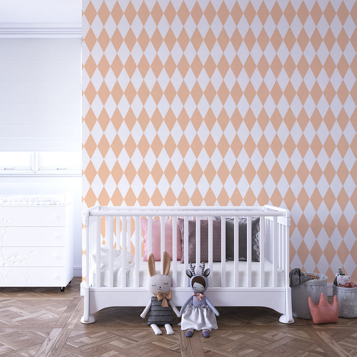 Babykamer behang | Zachte perzik en witte ruitmotief
