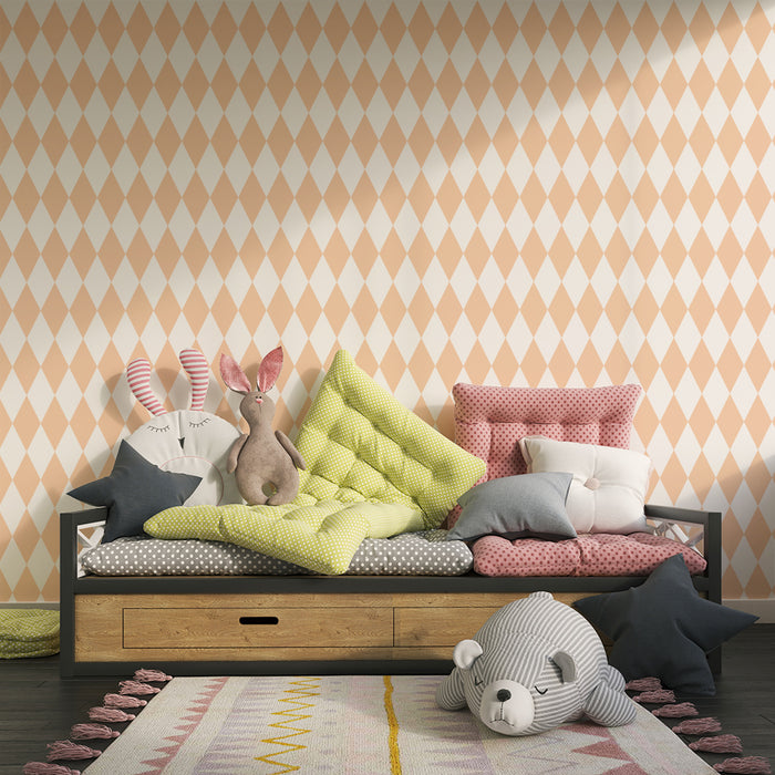 Babykamer behang | Zachte perzik en witte ruitmotief