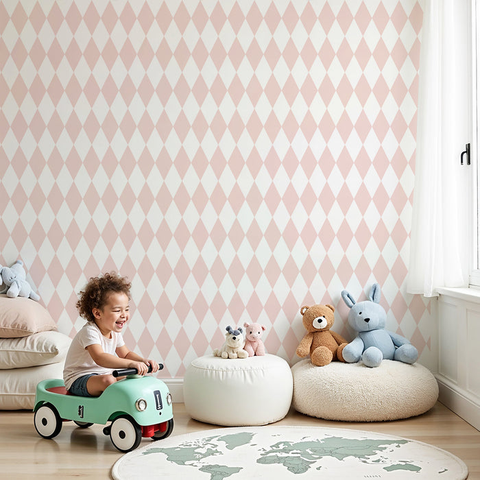 Babykamer behang | Zachte roze pastelkleurige ruitjesmotief
