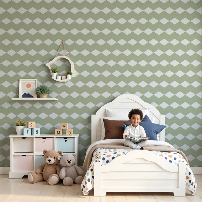 Papel de parede para quarto de bebé | Padrão de losangos suaves em verde e branco