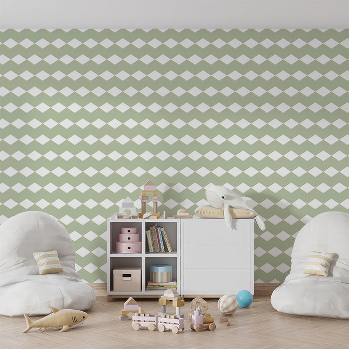 Papel de parede para quarto de bebé | Padrão de losangos suaves em verde e branco