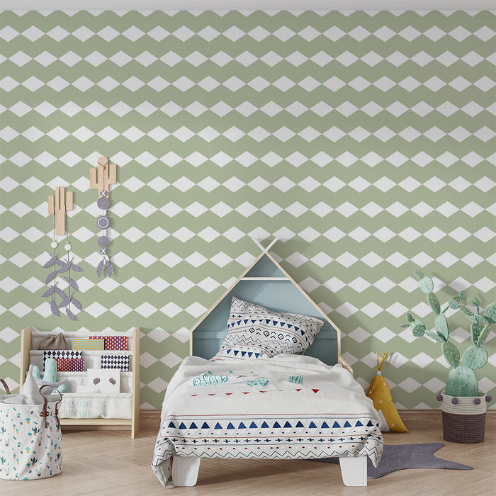 Papel de parede para quarto de bebé | Padrão de losangos suaves em verde e branco
