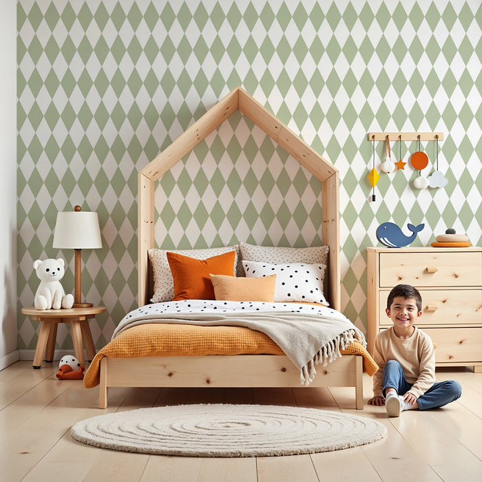 Papier peint chambre bébé | Motif losanges doux en vert pastel