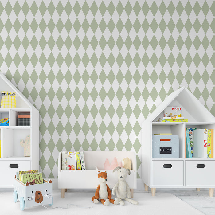 Papier peint chambre bébé | Motif losanges doux en vert pastel