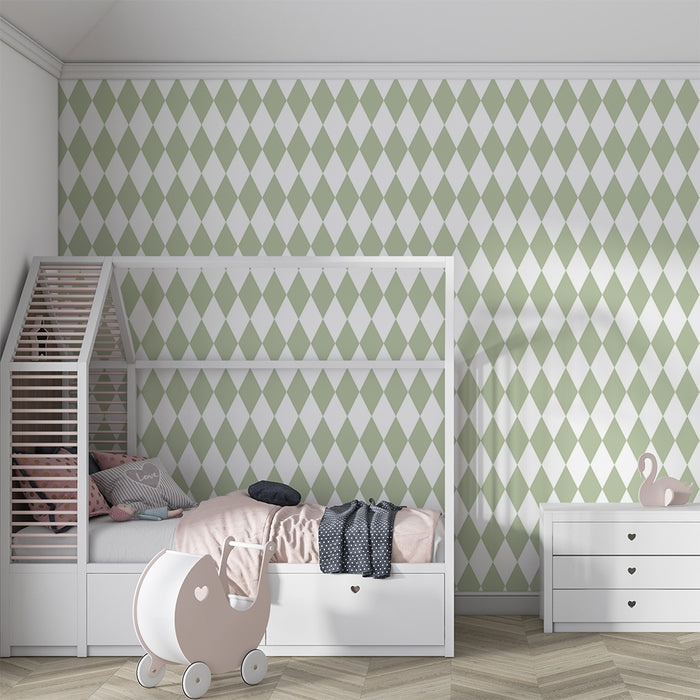 Papier peint chambre bébé | Motif losanges doux en vert pastel