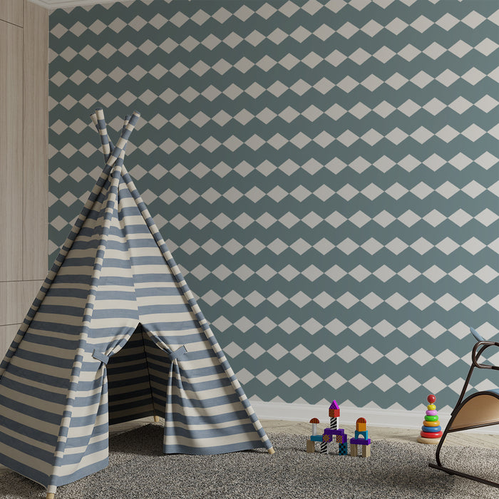 Papel de parede para quarto de bebé | Padrão de losangos azul e branco para um ambiente suave