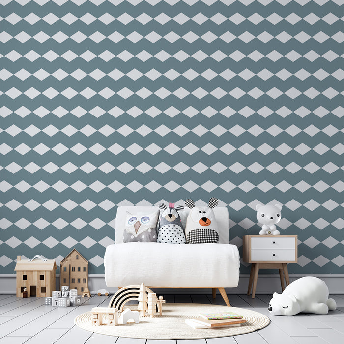 Papel de parede para quarto de bebé | Padrão de losangos azul e branco para um ambiente suave