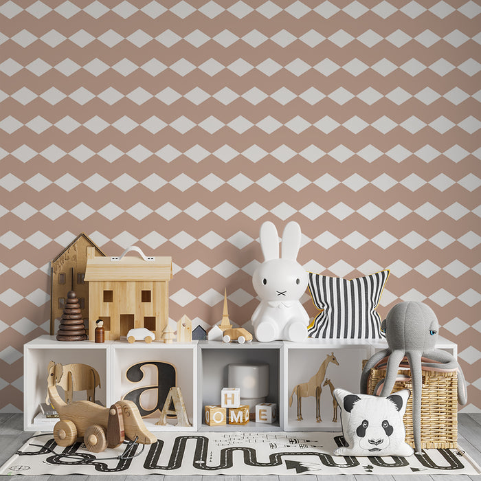 Papel de parede para quarto de bebé | Padrão de losangos em salmão pastel e branco