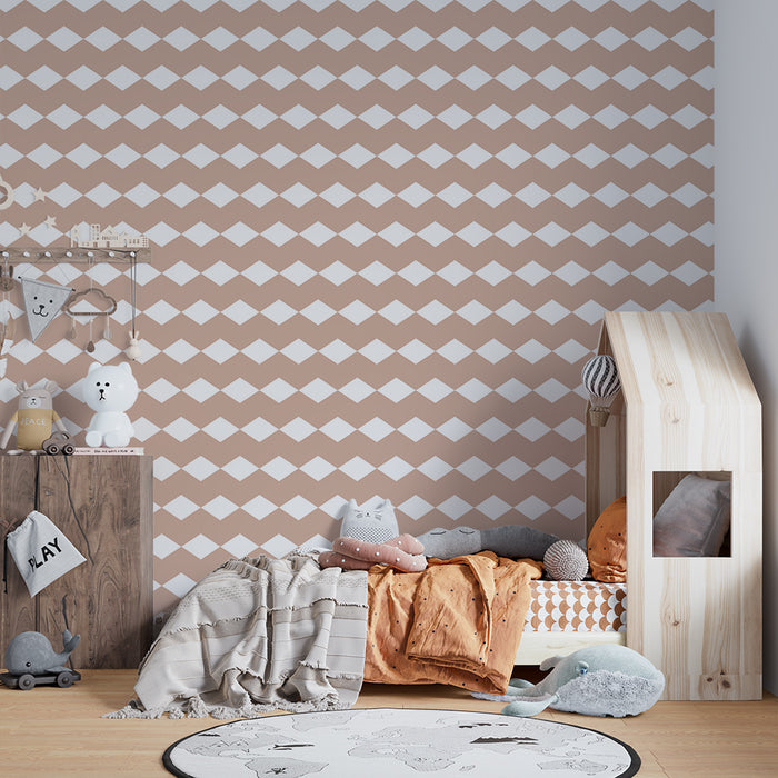 Papel de parede para quarto de bebé | Padrão de losangos em salmão pastel e branco