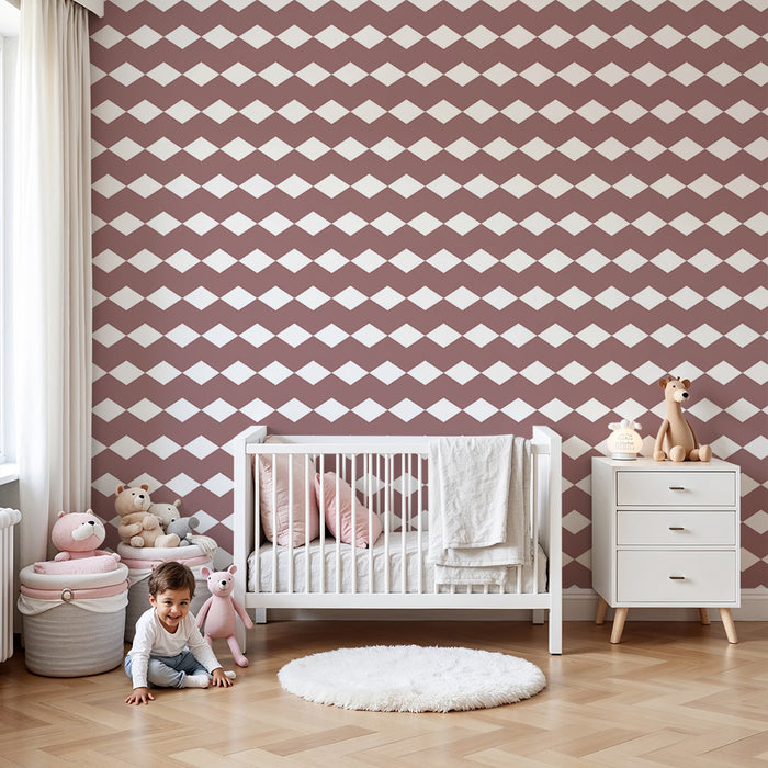Papel de parede para quarto de bebé | Padrão losango em terracota e branco para um ambiente suave