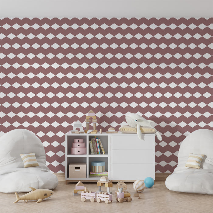 Papel de parede para quarto de bebé | Padrão losango em terracota e branco para um ambiente suave