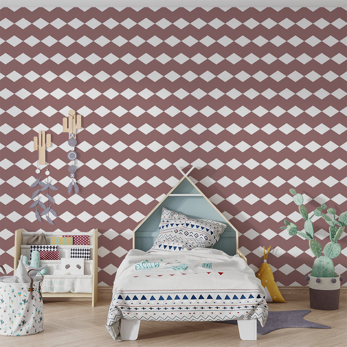Papel de parede para quarto de bebé | Padrão losango em terracota e branco para um ambiente suave